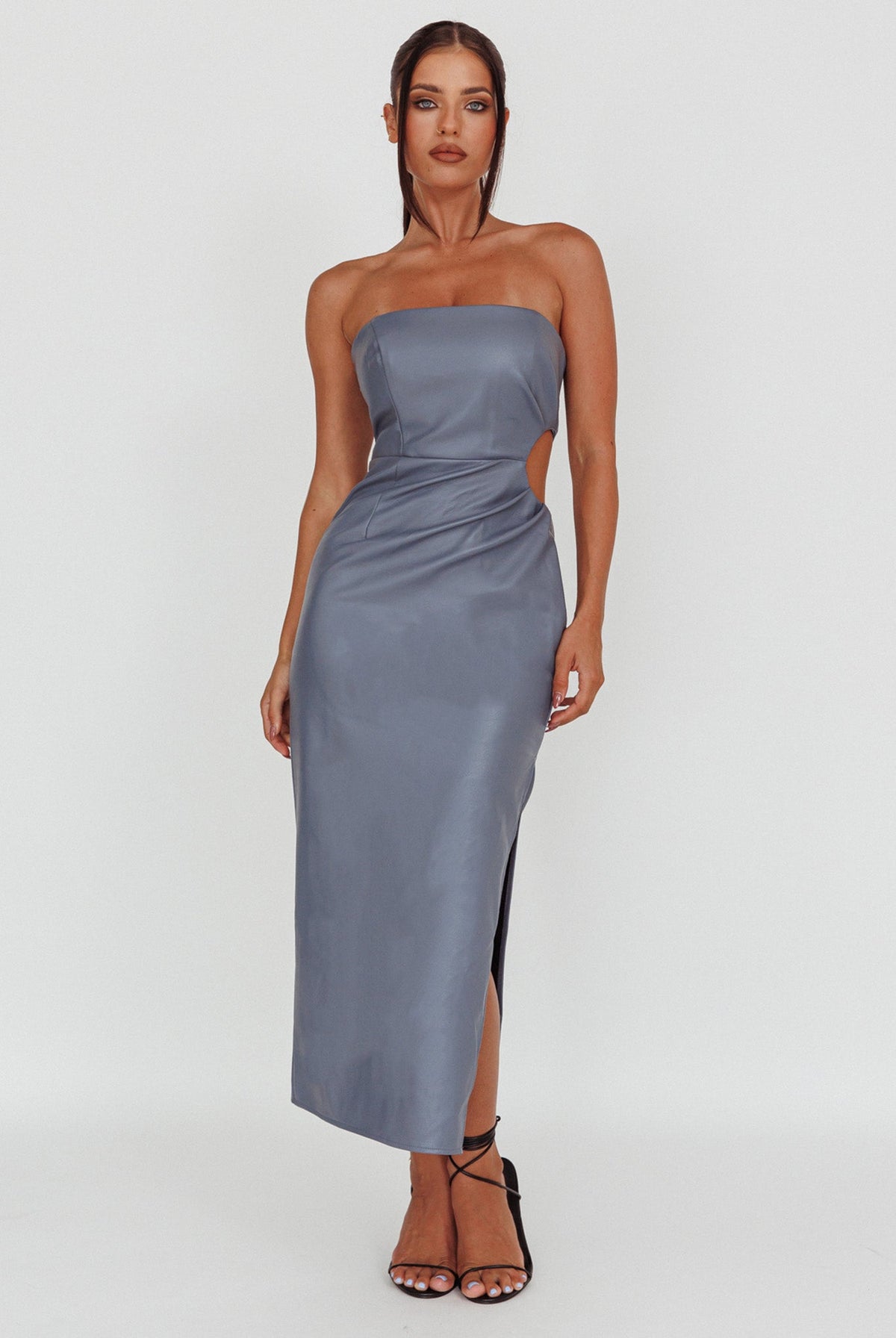 Taking Bets Strapless Midi Dress Leather Midnight Blue