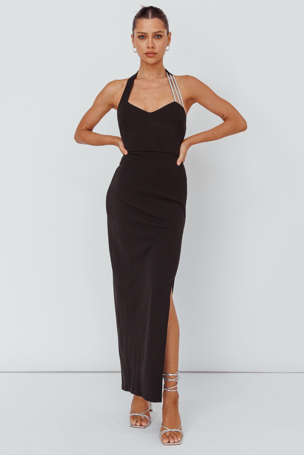 Leading Role Diamante Strap Halter Dress Black