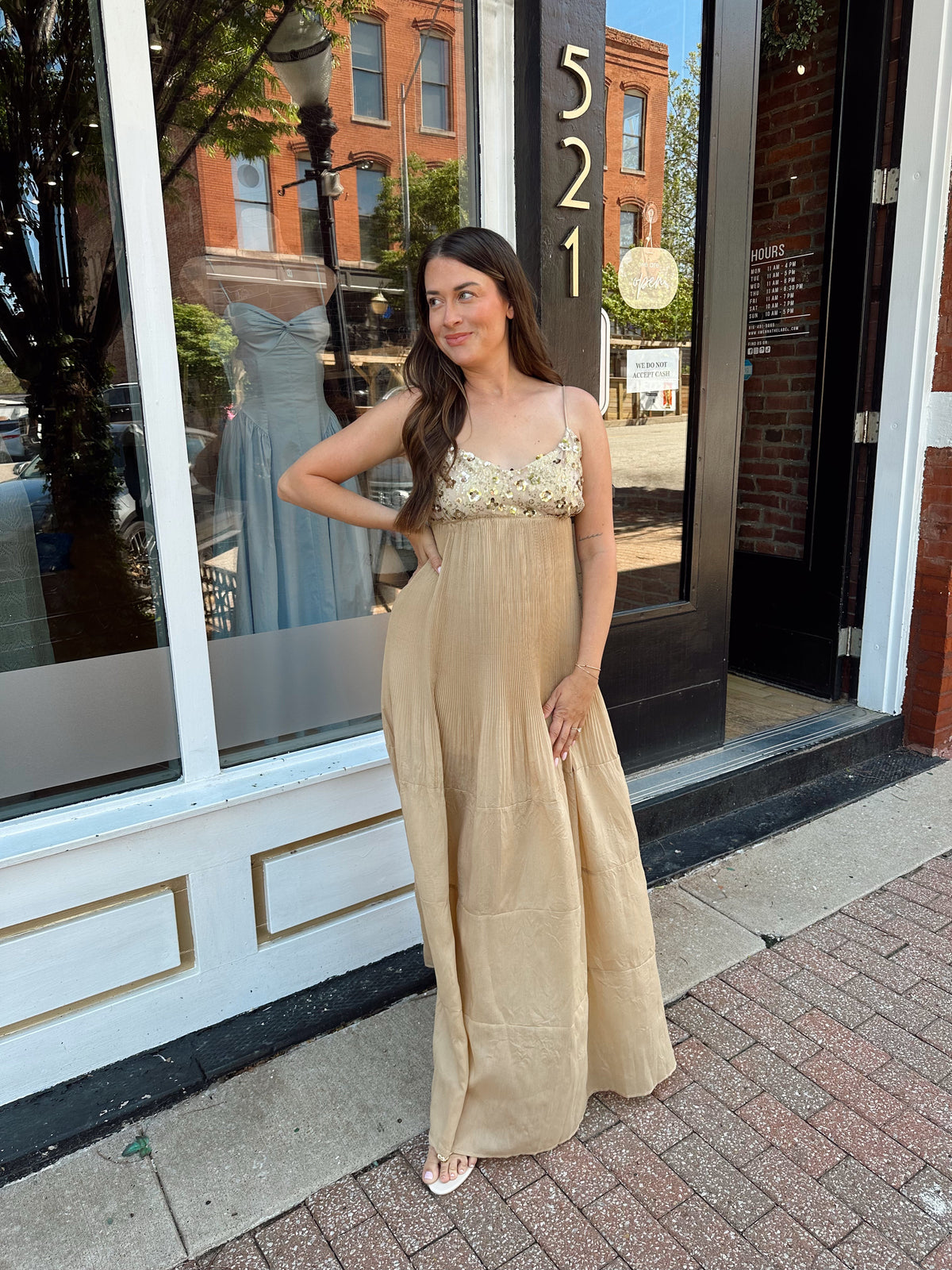 Faye Gold Sequin Pleated Maxi Dress