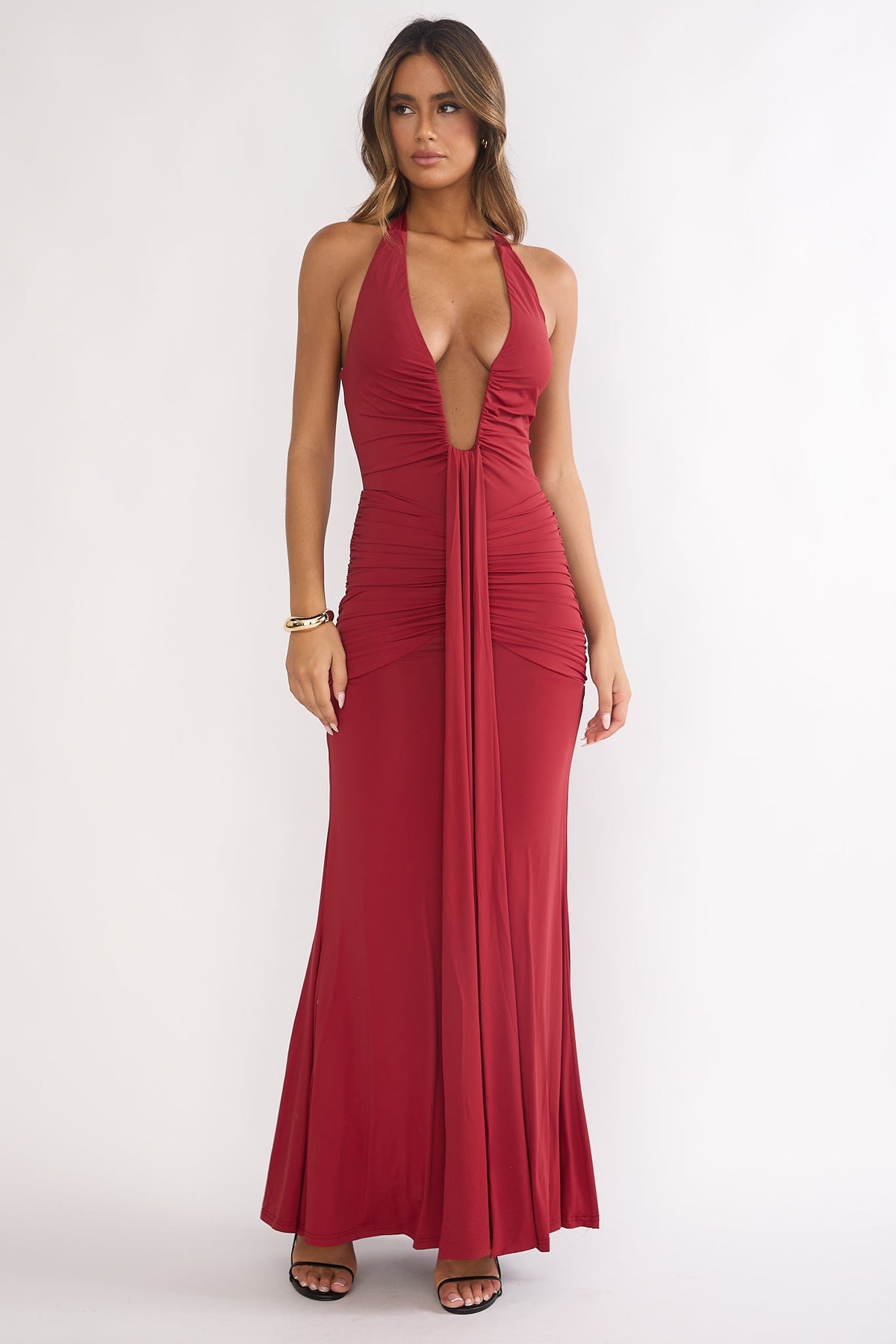 Brienna Halter Ruched Maxi Dress Wine