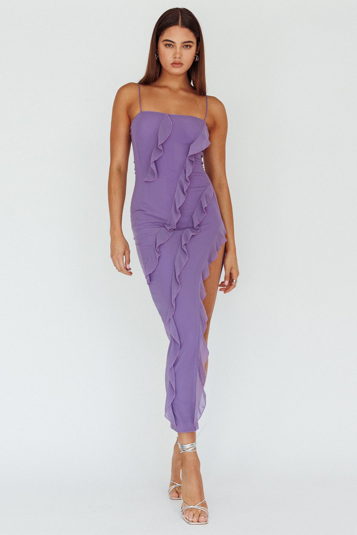 Catriona Split Ruffle Midi Dress Mauve