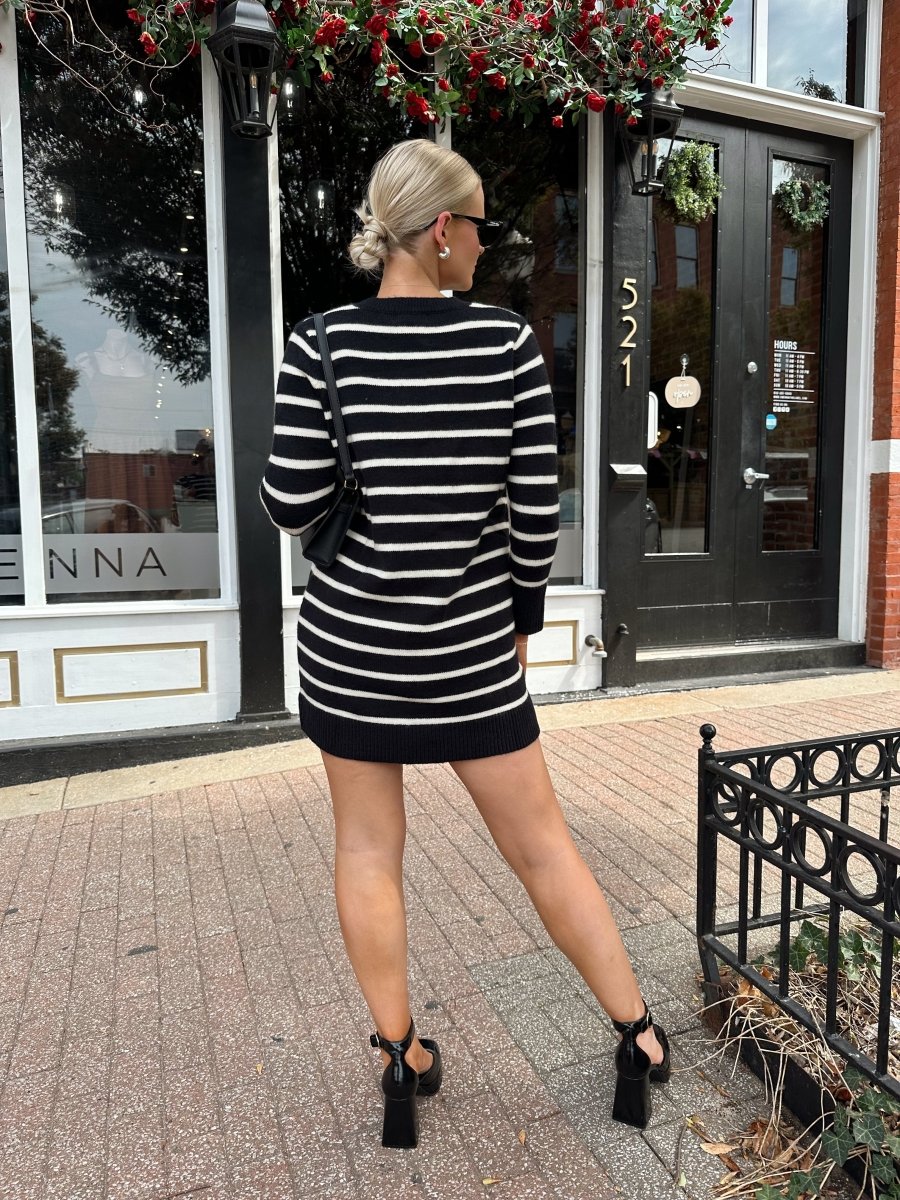 Aspen Black And White Striped Long Sleeve Sweater Dress