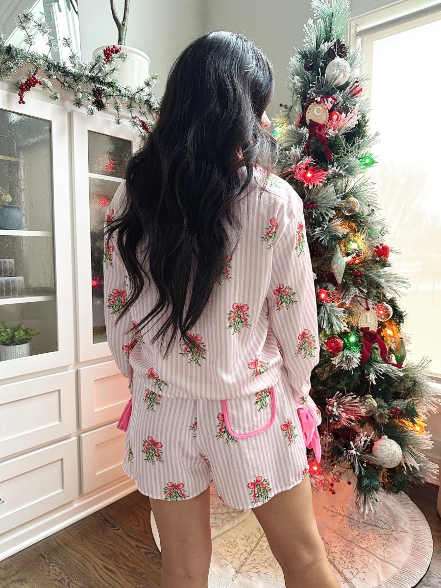 Clara Pink Striped Wreath Satin Pajama Set