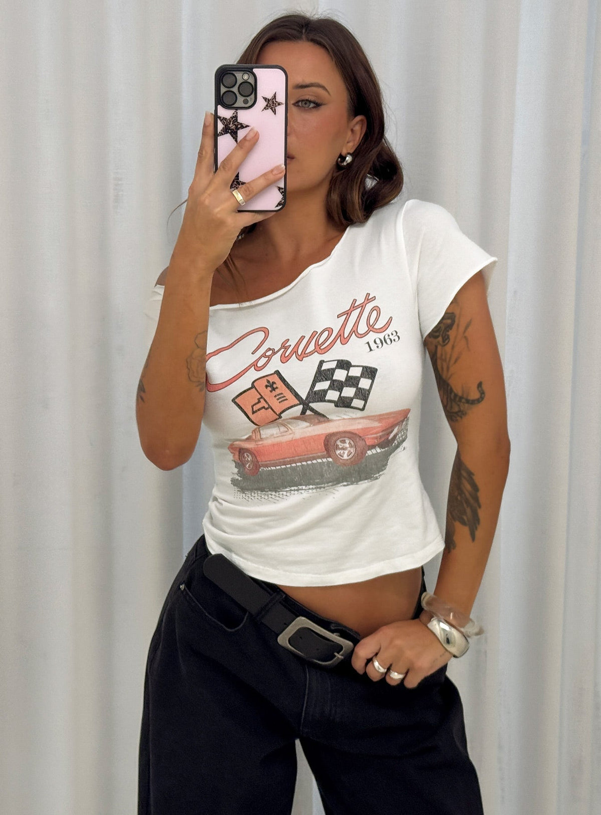 Corvette 1963 Off Shoulder Graphic Top White