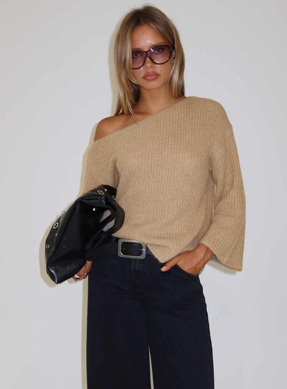 Delyn Off Shoulder Slouchy Knit Sweater Camel
