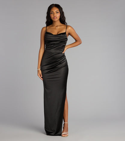 Jane Cowl Neck Slit Satin Formal Column Dress
