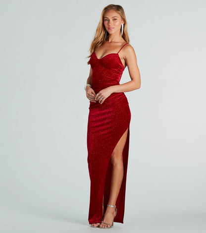 Massie Formal Glitter Velvet High Slit Dress