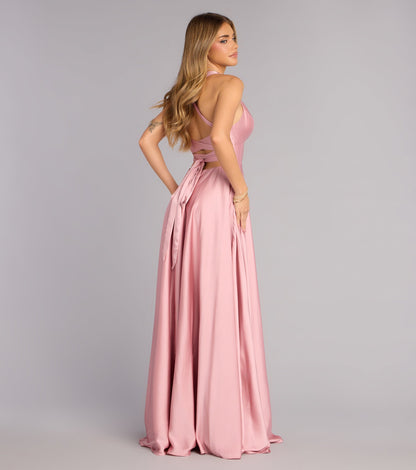 Abbey Lace-Up Slit A-Line Satin Formal Dress