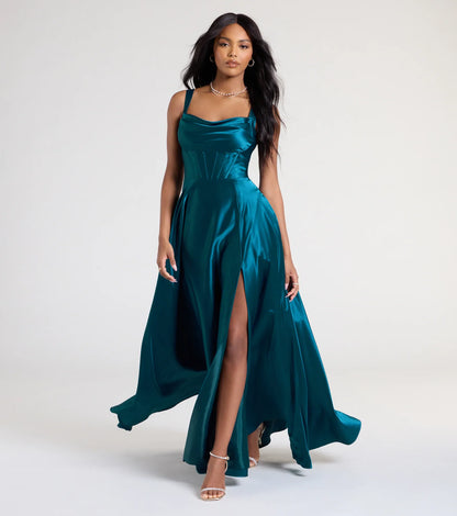 Lelia Cowl Neck Slit A-Line Satin Formal Dress
