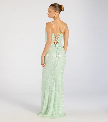 Hollie Lace-Up Mermaid Sequin Beaded Formal Dress