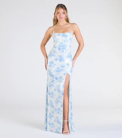 Nala Lace-Up Floral Sequin Formal Dress