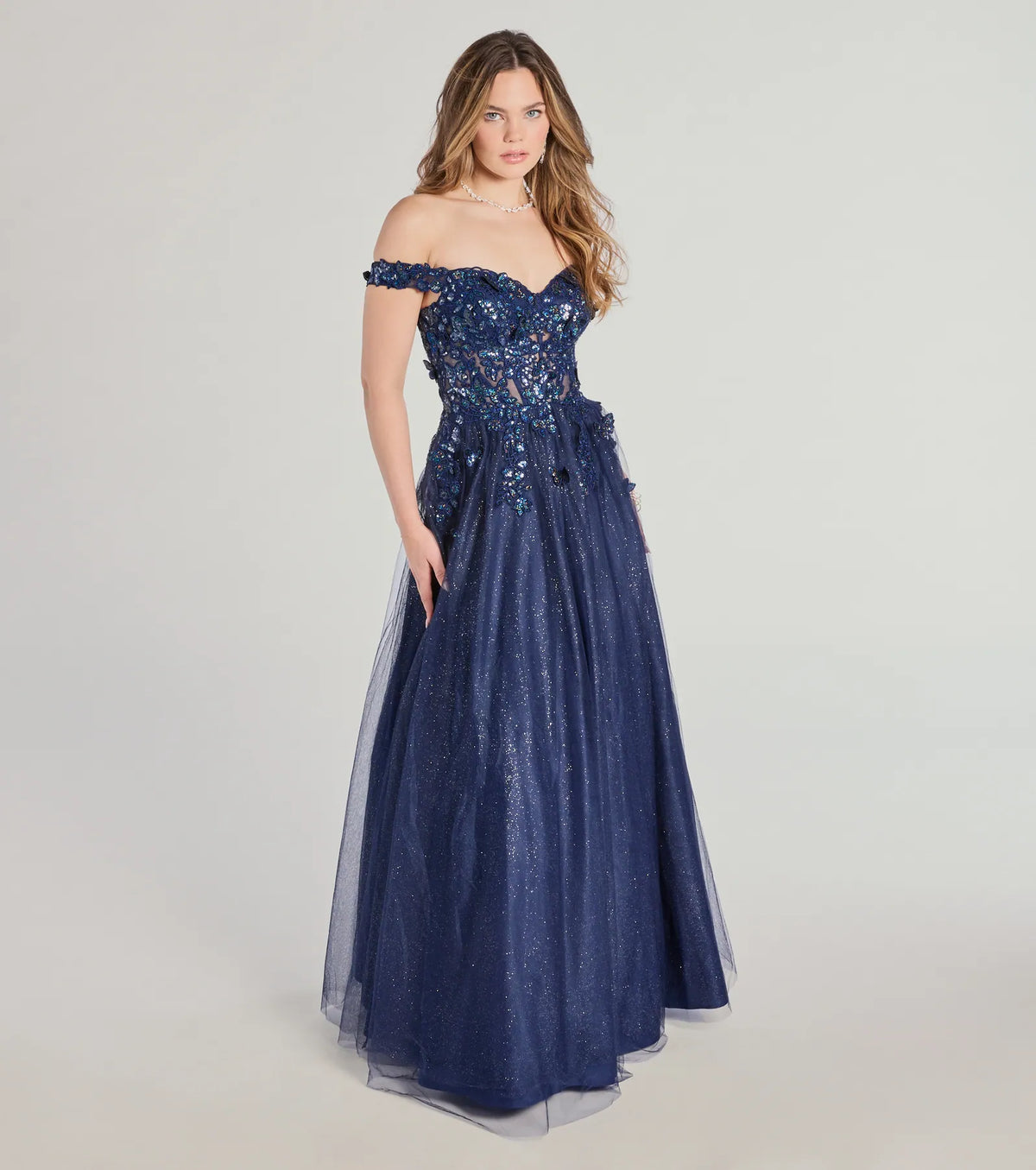 Sofia Off-The-Shoulder Corset Lace-Up Glitter Ball Gown