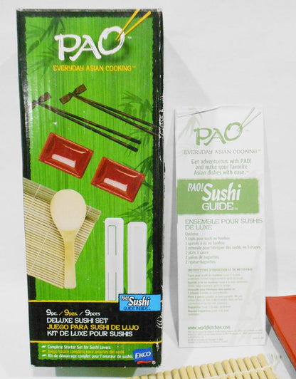 ❤️ 10-pc PAO! ASIAN SUSHI SET Mat Rice Paddle Sauce Dip Dish Platter Chop Sticks