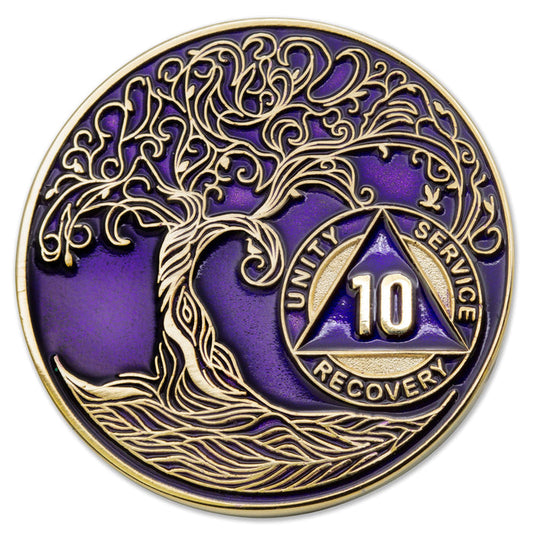 10 Year Sobriety Mint Twisted Tree of Life Gold Plated AA Recovery Medallion - Ten Year Chip/Coin - Purple