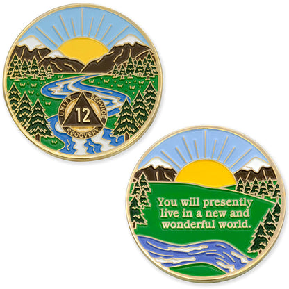 12 Year Sobriety Mint Winding River Gold Plated AA Recovery Medallion - Twelve Year Chip/Coin