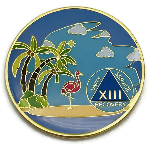 13 Year Beach Themed Specialty Tri-Plated AA Recovery Medallion - Thirteen Year Chip/Coin