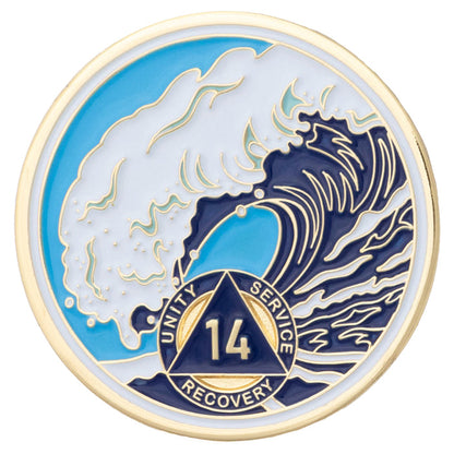 14 Year Sobriety Mint Crashing Wave Gold Plated AA Recovery Medallion - Fourteen Year Chip/Coin - Blue/White