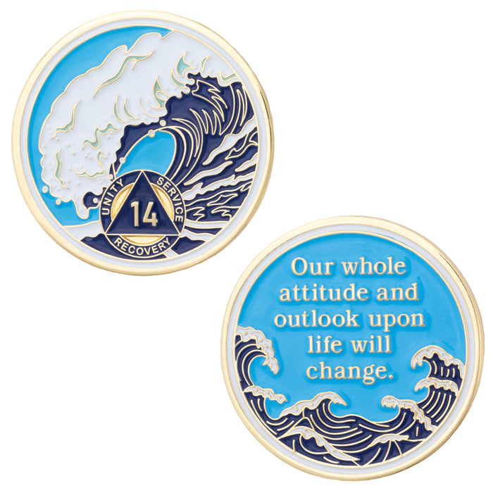 14 Year Sobriety Mint Crashing Wave Gold Plated AA Recovery Medallion - Fourteen Year Chip/Coin - Blue/White