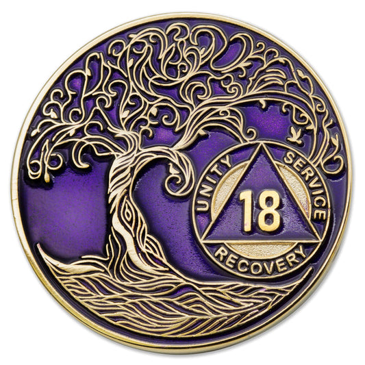 18 Year Sobriety Mint Twisted Tree of Life Gold Plated AA Recovery Medallion - Eighteen Year Chip/Coin - Purple