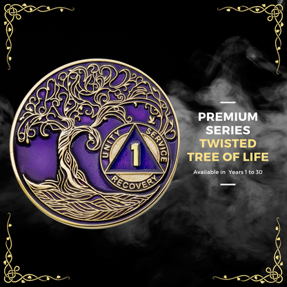19 Year Sobriety Mint Twisted Tree of Life Gold Plated AA Recovery Medallion - Nineteen Year Chip/Coin - Purple