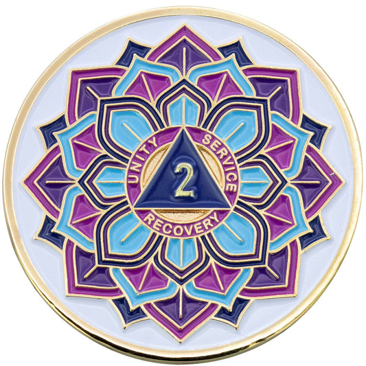 2 Year Sobriety Mint 'In Bloom' Lotus Flower Gold Plated AA Recovery Medallion - Two Year Chip/Coin - White