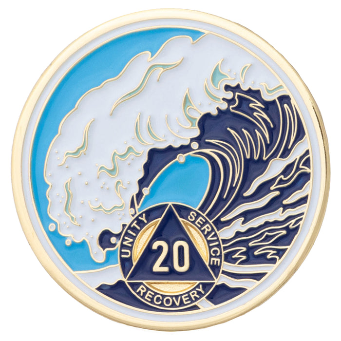20 Year Sobriety Mint Crashing Wave Gold Plated AA Recovery Medallion - Twenty Year Chip/Coin - Blue/White