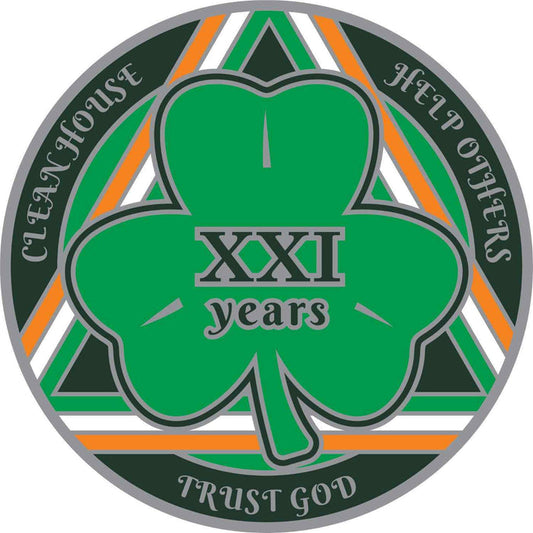 21 Year Shamrock Themed AA/NA Recovery Medallion - 40mm Fancy Chip/Coin - Green/White/Orange