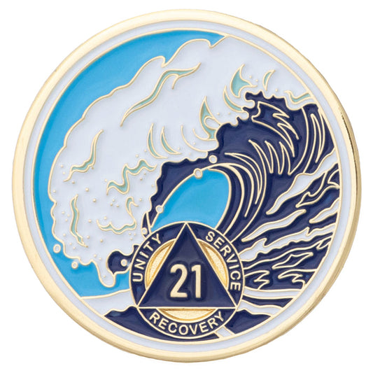 21 Year Sobriety Mint Crashing Wave Gold Plated AA Recovery Medallion - Twenty One Year Chip/Coin - Blue/White