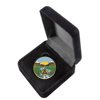 21 Year Sobriety Mint Winding River Gold Plated AA Recovery Medallion - Twenty-One Year Chip/Coin + Velvet Box