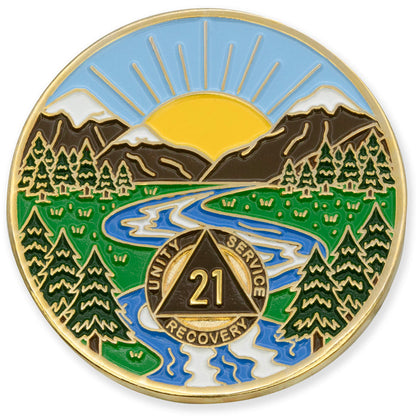 21 Year Sobriety Mint Winding River Gold Plated AA Recovery Medallion - Twenty-One Year Chip/Coin + Velvet Box