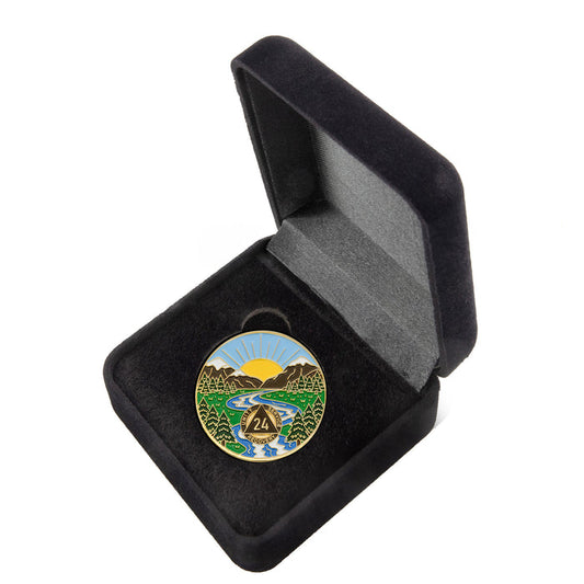 24 Year Sobriety Mint Winding River Gold Plated AA Recovery Medallion - Twenty-Four Year Chip/Coin + Velvet Box