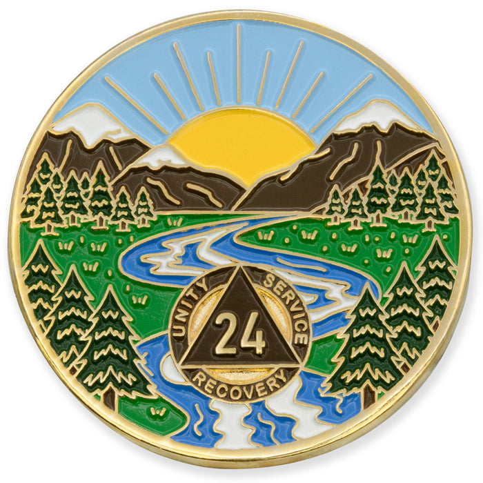 24 Year Sobriety Mint Winding River Gold Plated AA Recovery Medallion - Twenty-Four Year Chip/Coin + Velvet Box