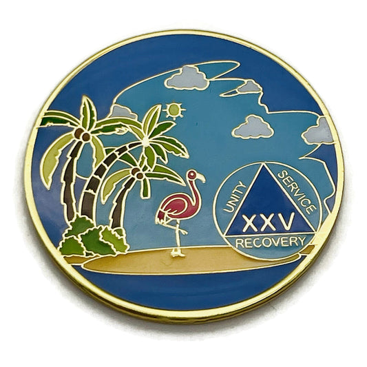 25 Year Beach Themed Specialty Tri-Plated AA Recovery Medallion - Twenty Five Year Chip/Coin