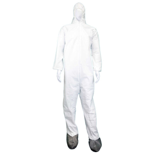 (25/Case) Novus White Microporous Disposable Coveralls w/ Elastic Wrists, Attached Hood & Boots
