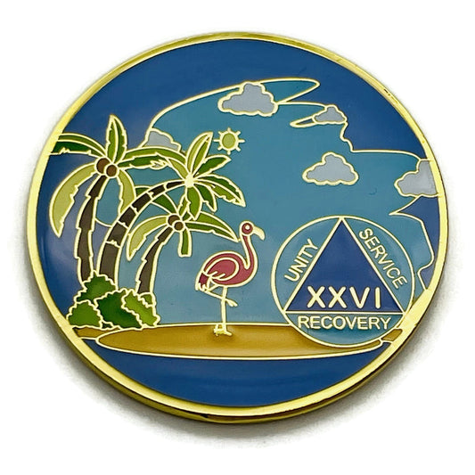26 Year Beach Themed Specialty Tri-Plated AA Recovery Medallion - Twenty Six Year Chip/Coin