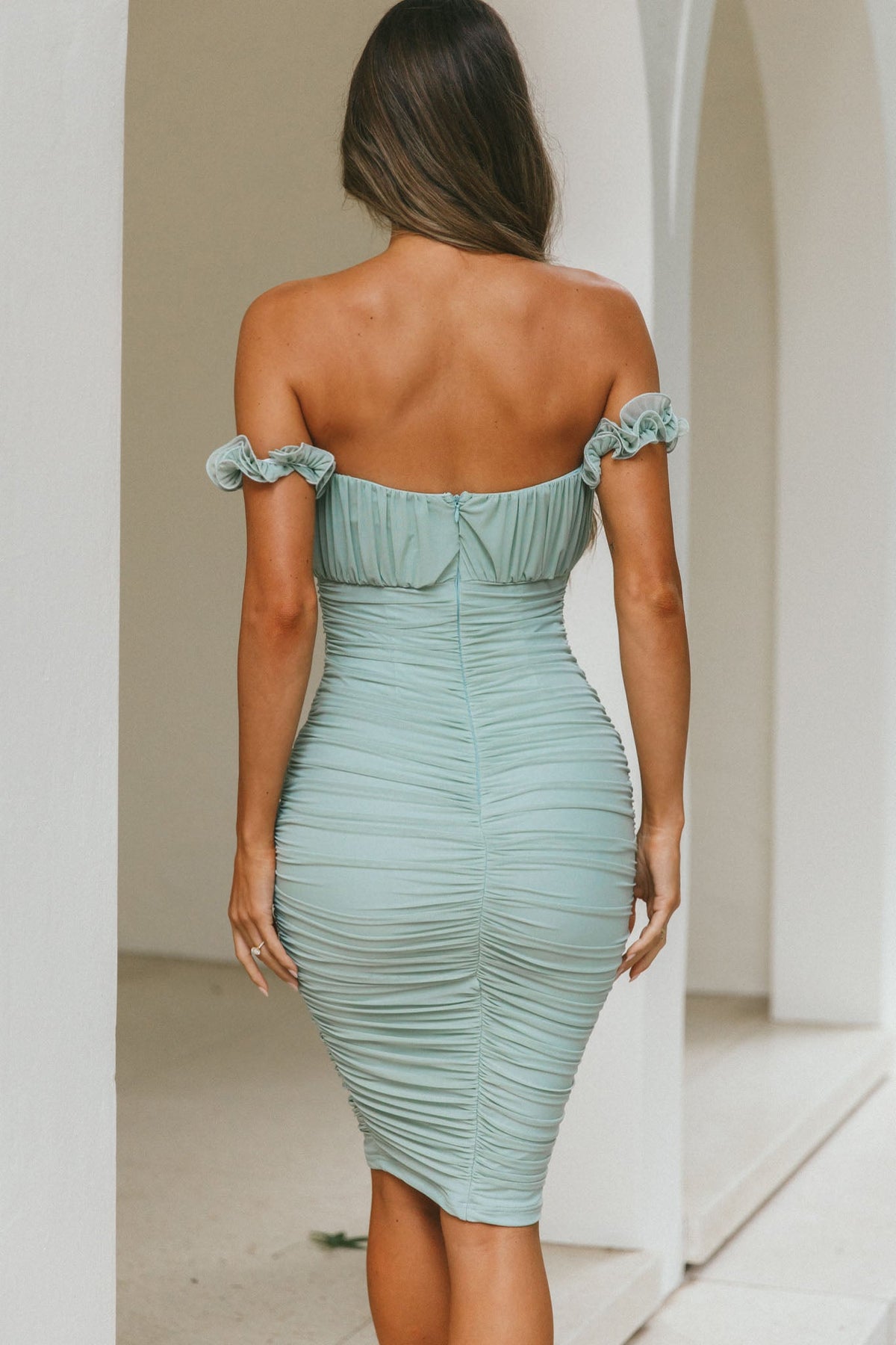 Senorita Off-Shoulder Lettuce Edge Detail Ruched Knee Length Dress Pistachio