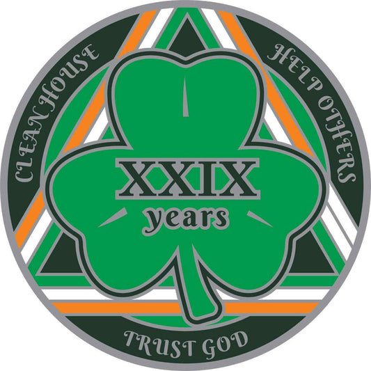 29 Year Shamrock Themed AA/NA Recovery Medallion - 40mm Fancy Chip/Coin - Green/White/Orange
