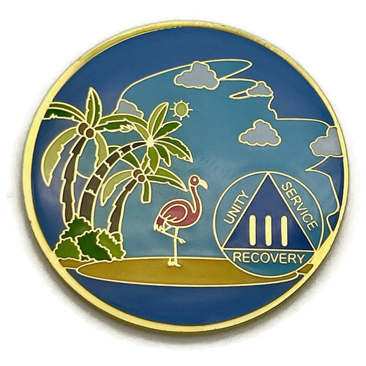3 Year Beach Themed Specialty Tri-Plated AA Recovery Medallion - Three Year Chip/Coin