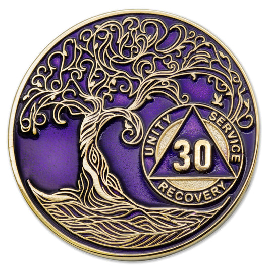 30 Year Sobriety Mint Twisted Tree of Life Gold Plated AA Recovery Medallion - Thirty Year Chip/Coin - Purple