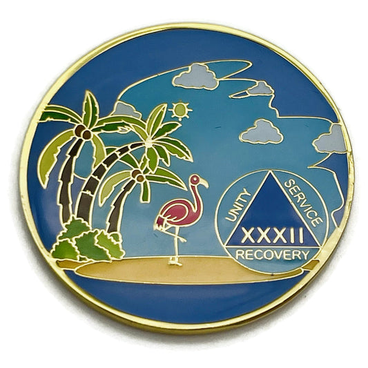 32 Year Beach Themed Specialty Tri-Plated AA Recovery Medallion - Thirty Two Year Chip/Coin