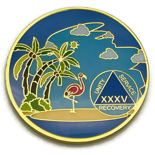 35 Year Beach Themed Specialty Tri-Plated AA Recovery Medallion - Thirty Five Year Chip/Coin