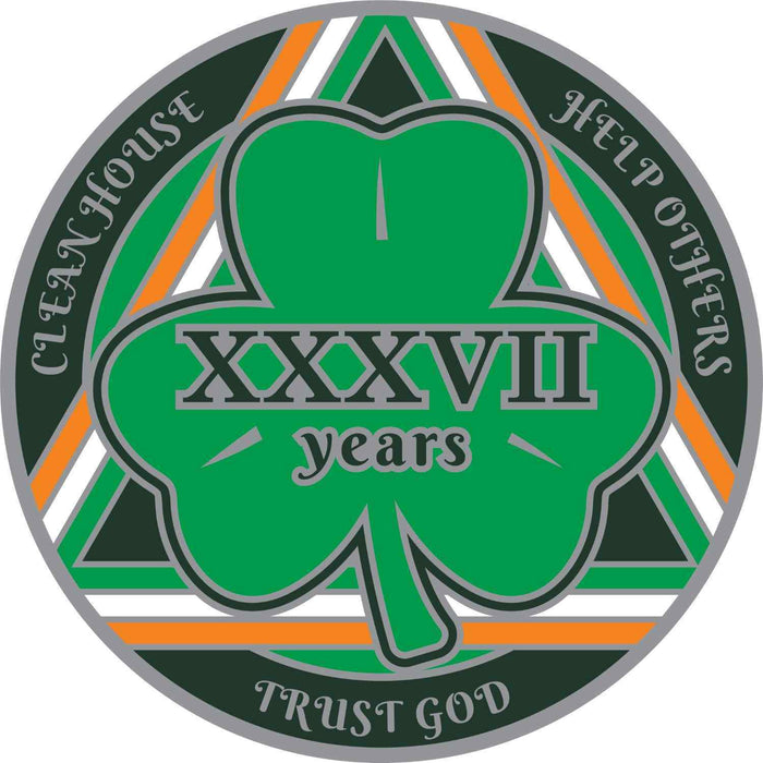 37 Year Shamrock Themed AA/NA Recovery Medallion - 40mm Fancy Chip/Coin - Green/White/Orange