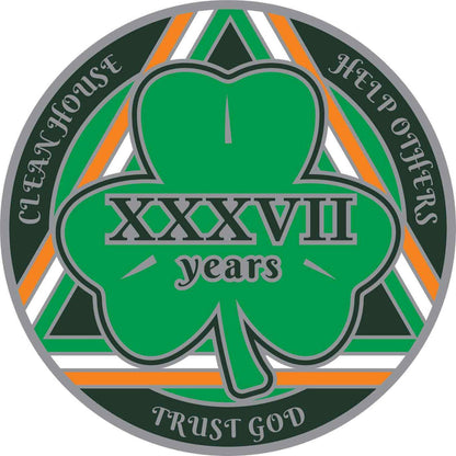 37 Year Shamrock Themed AA/NA Recovery Medallion - 40mm Fancy Chip/Coin - Green/White/Orange