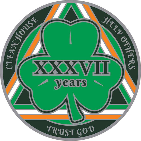 37 Year Shamrock Themed AA/NA Recovery Medallion - 40mm Fancy Chip/Coin - Green/White/Orange