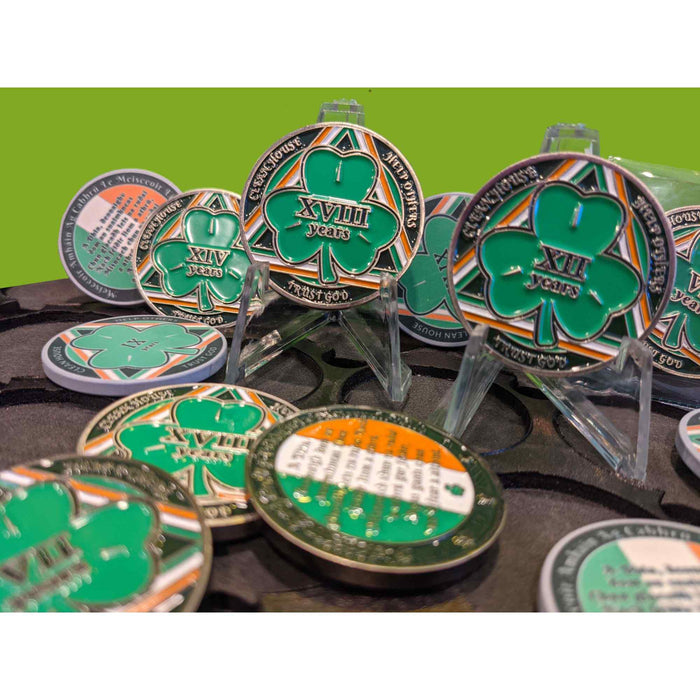 37 Year Shamrock Themed AA/NA Recovery Medallion - 40mm Fancy Chip/Coin - Green/White/Orange