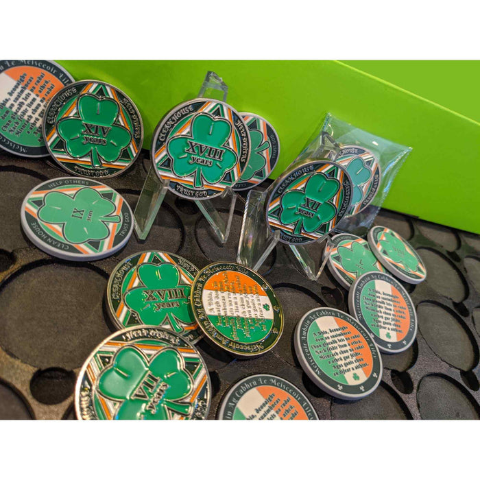 37 Year Shamrock Themed AA/NA Recovery Medallion - 40mm Fancy Chip/Coin - Green/White/Orange