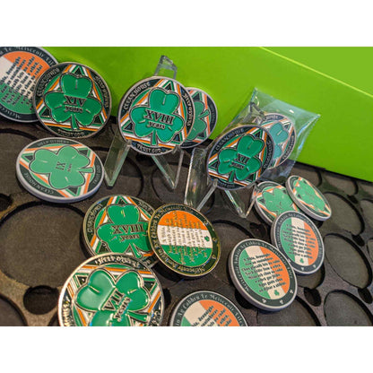 37 Year Shamrock Themed AA/NA Recovery Medallion - 40mm Fancy Chip/Coin - Green/White/Orange
