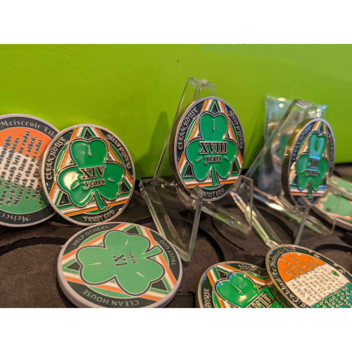 37 Year Shamrock Themed AA/NA Recovery Medallion - 40mm Fancy Chip/Coin - Green/White/Orange