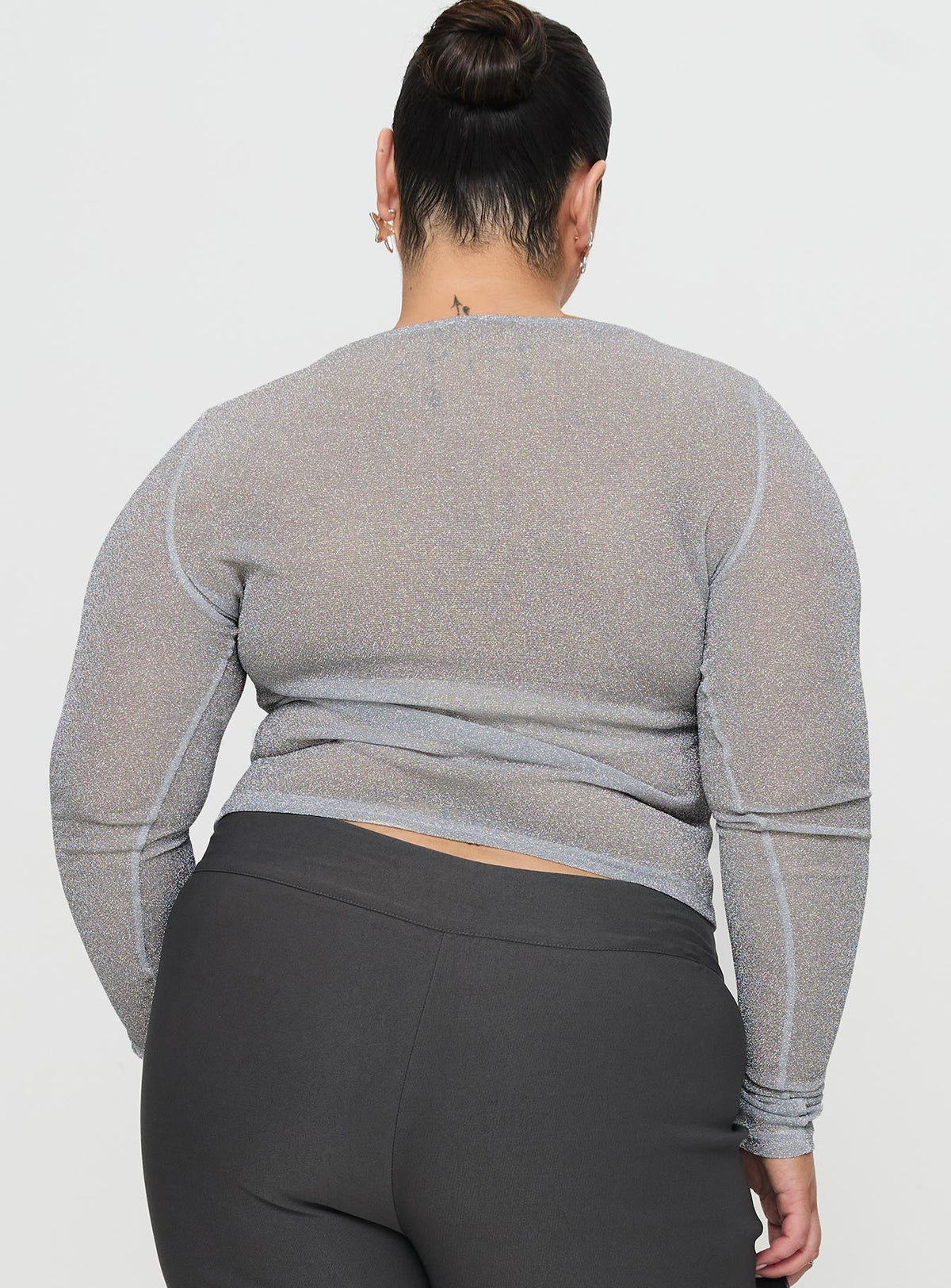 Crystal Clear Long Sleeve Mesh Top Silver