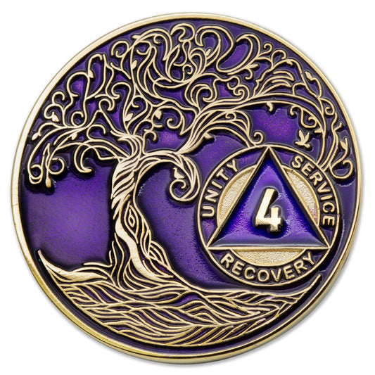 4 Year Sobriety Mint Twisted Tree of Life Gold Plated AA Recovery Medallion - Four Year Chip/Coin - Purple